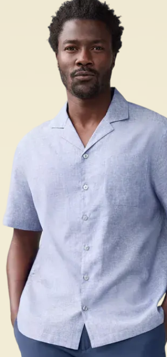 Man wearing Tech Linen Camp Shirt in Wild Rapids
