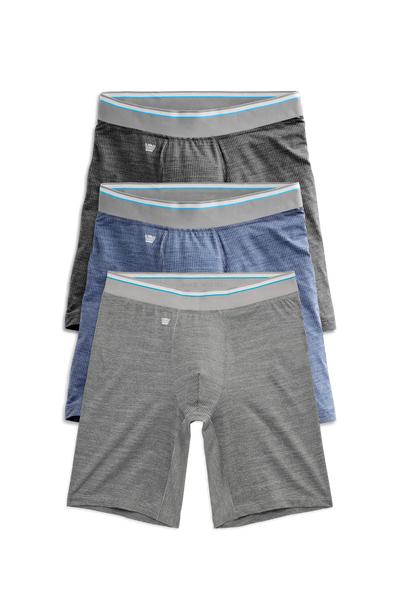 Front view of 3 pack Airknitx 8" Boxer Brief in Hall-of-Fame Heathers