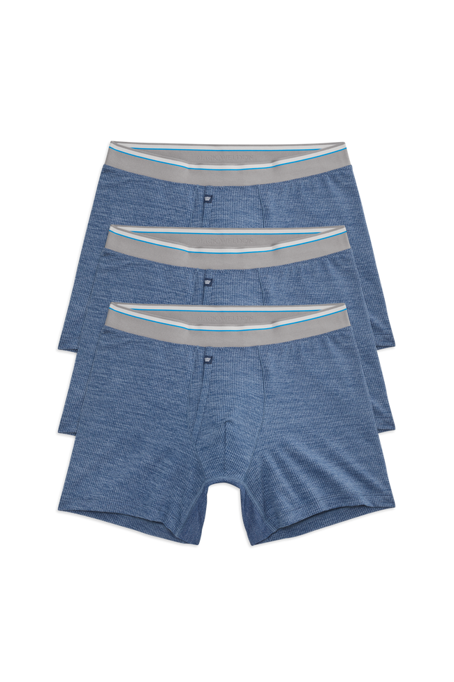 Front view of 3 pack Airknitx Boxer Brief w/ fly in Indigo Heather