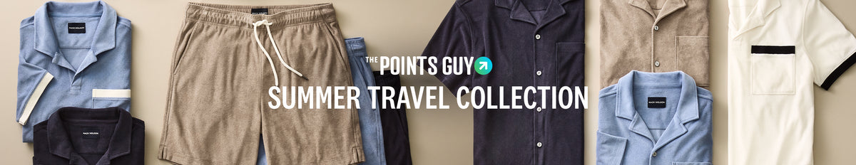 Laydowns of Mack Weldon products from Summer Travel Collection with text "The Points Guy Summer Travel Collection"