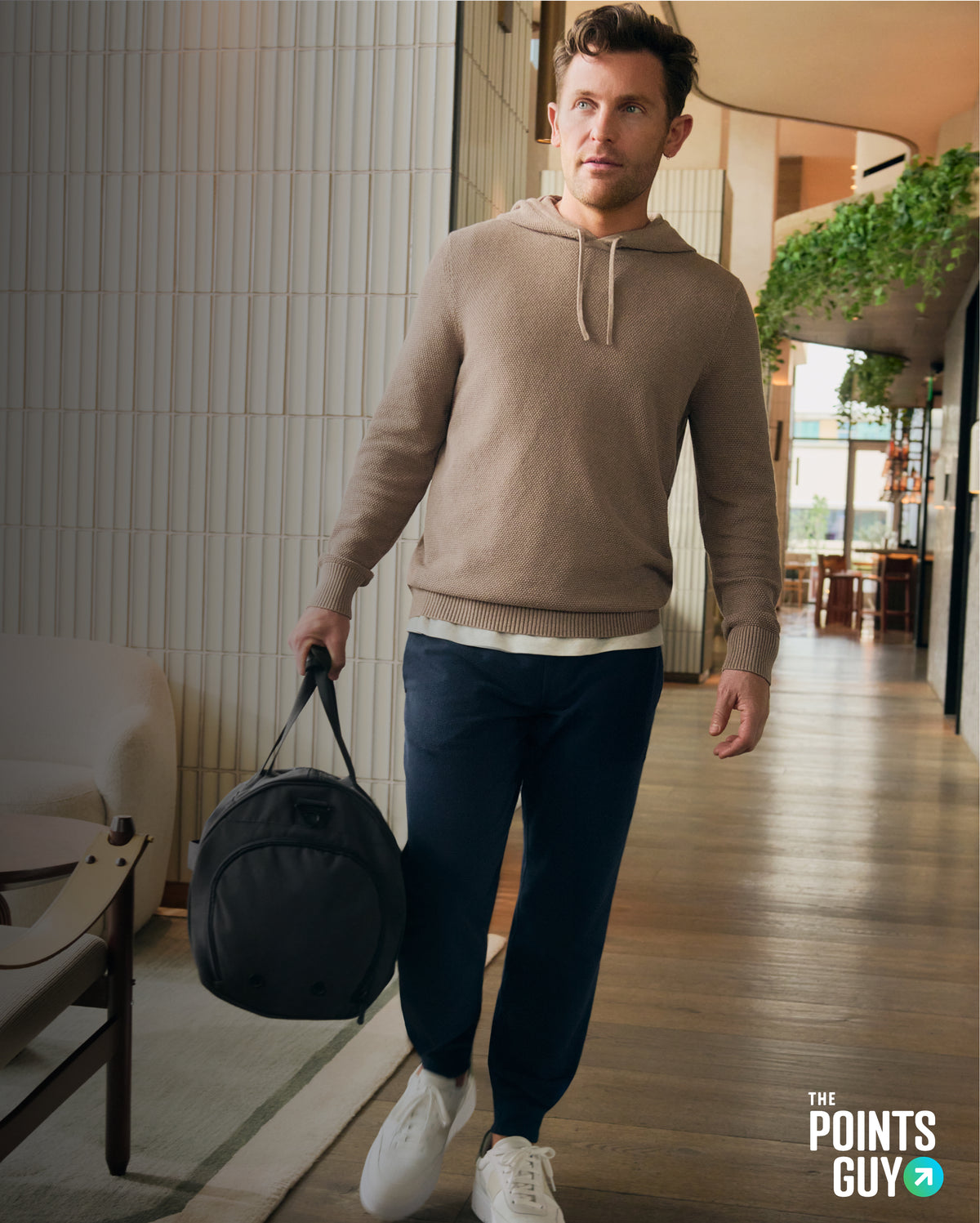 Guy wearing Tech Linen Hoodie and Ace Relaxed Sweatpants