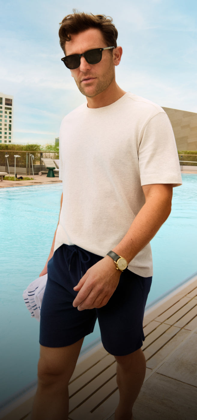Man in shades wearing Linen Jersey Crew Neck T-Shirt