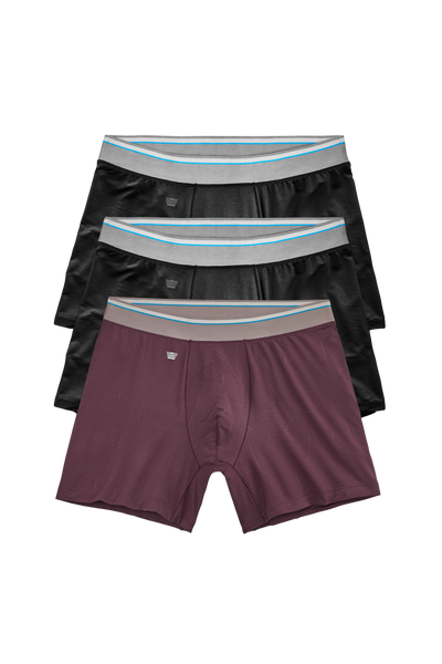 Front view of 3 pack Airknitx Boxer Briefs in Maroon & Black