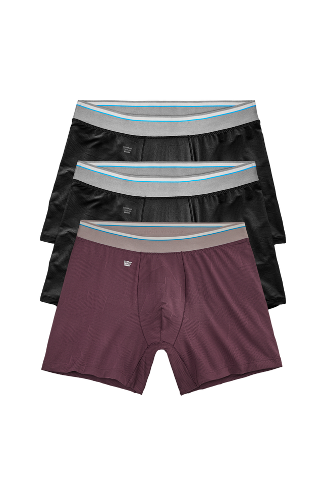 Front view of 3 pack Airknitx Boxer Briefs in Maroon & Black