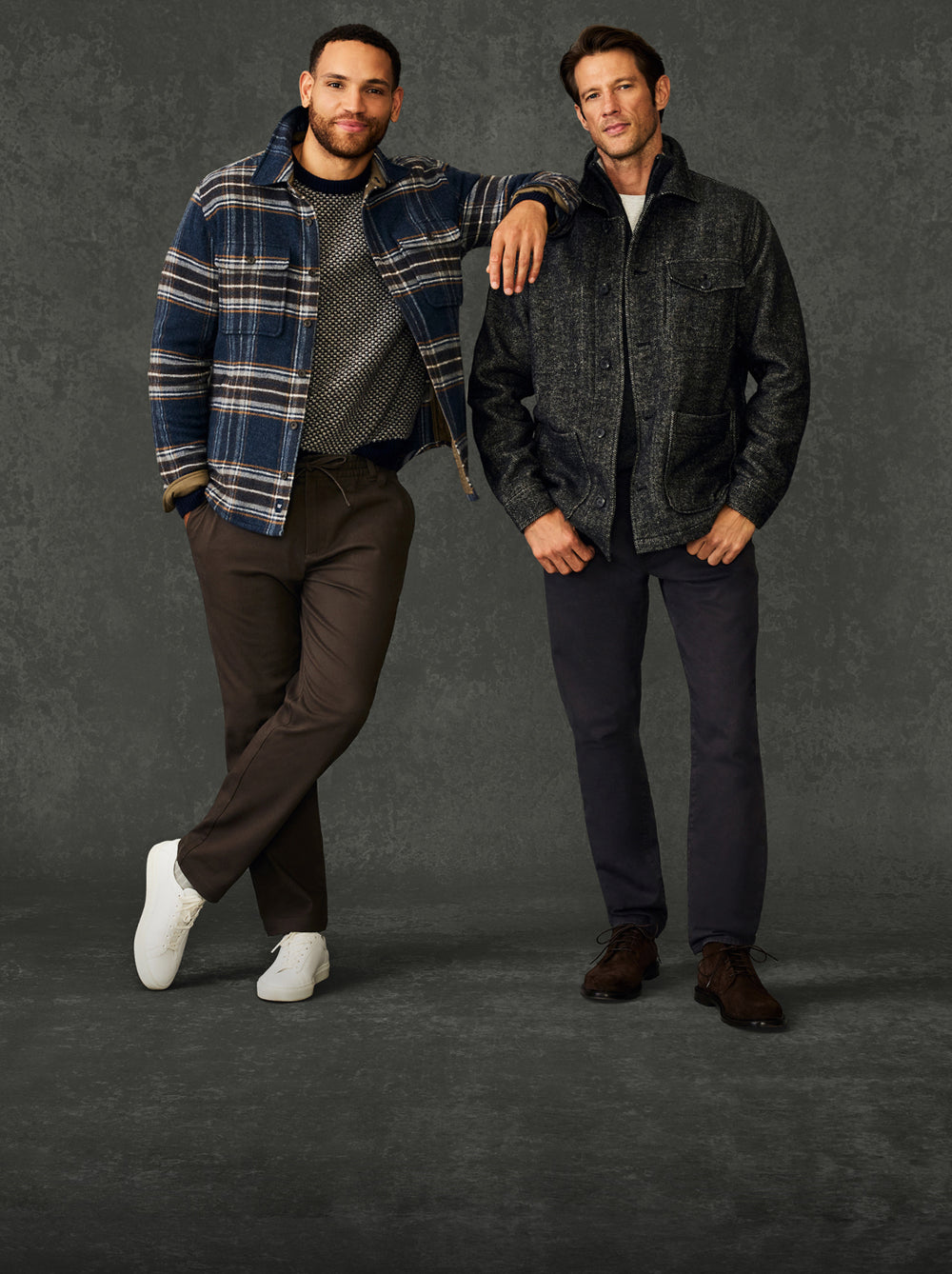 Two men wearing Heavyweight Flannel Overshirt and Wool Herringbone Chore Jacket
