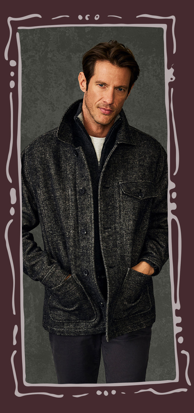 Man wearing Wool Herringbone Chore Jacket in True Black - Herringbone