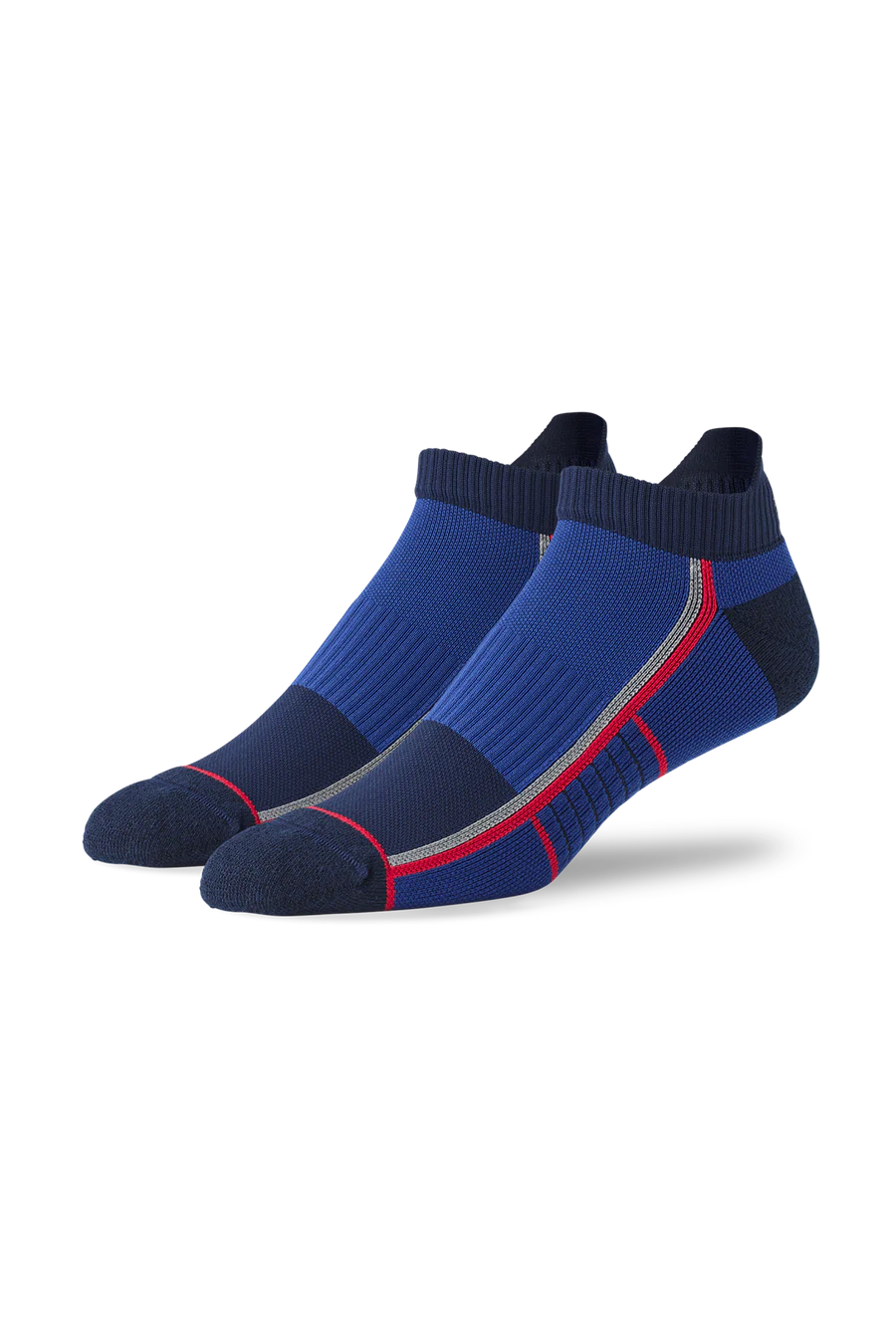 Front view of Airknitx ankle sock in True Navy/ No fear red 