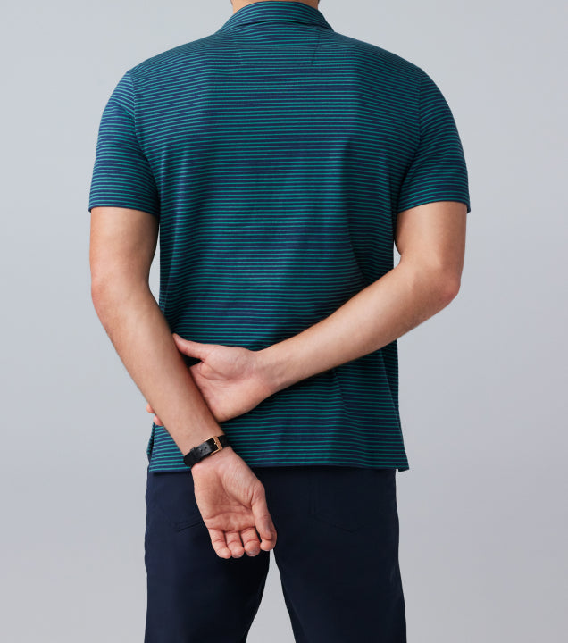 image of the back of a man wearing teal and black striped short sleeve polo