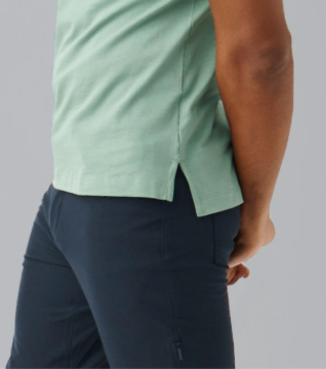 close up image of the side of a man wearing a short sleeve polo