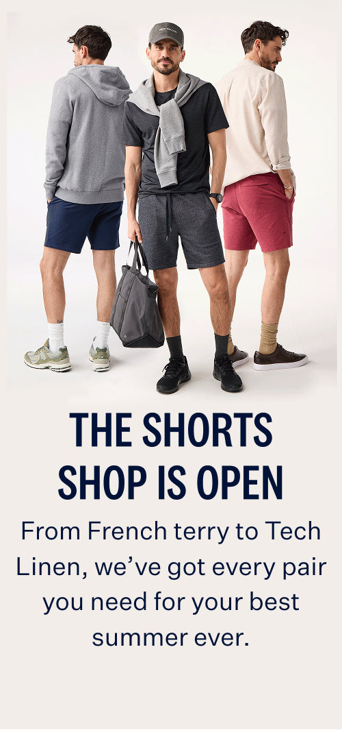 Three men wearing different Mack Weldon shorts collection