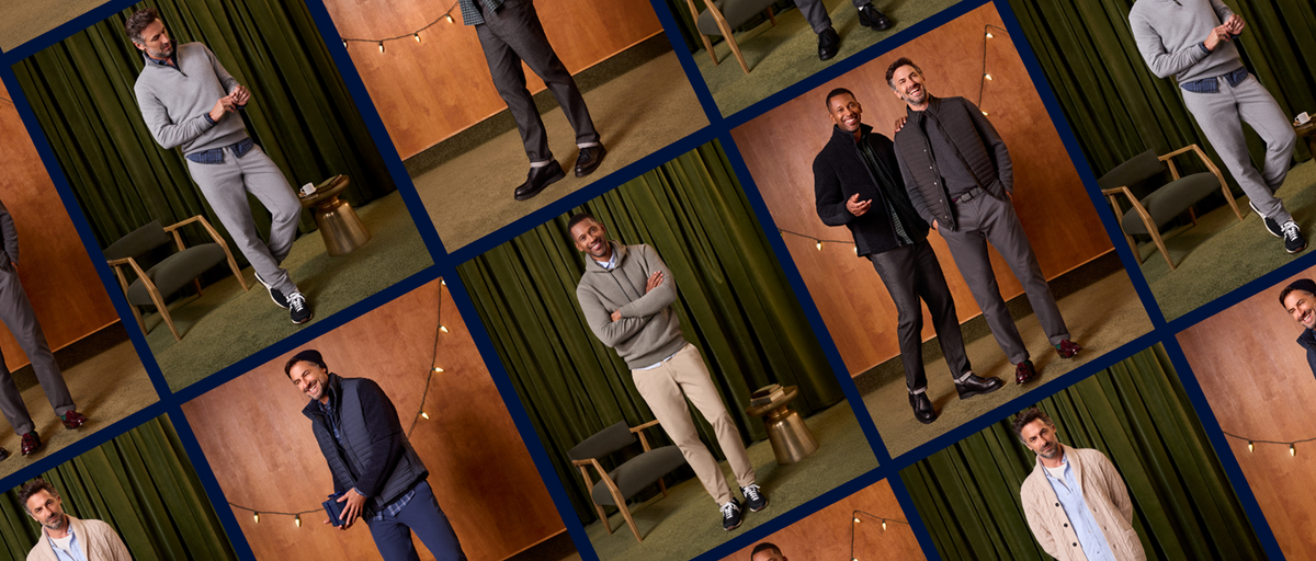 Collage of a man in different outfits in various settings