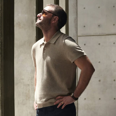 Man wearing Tech Linen Sweater polo
