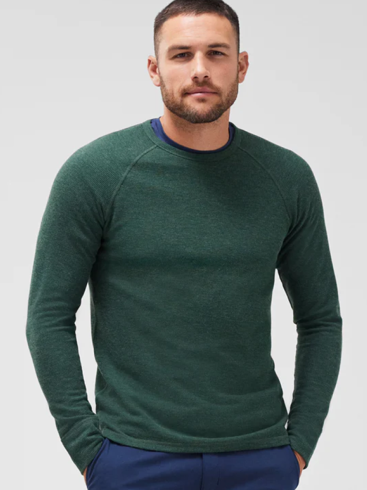 man wearing warmknit waffle long sleeve crew