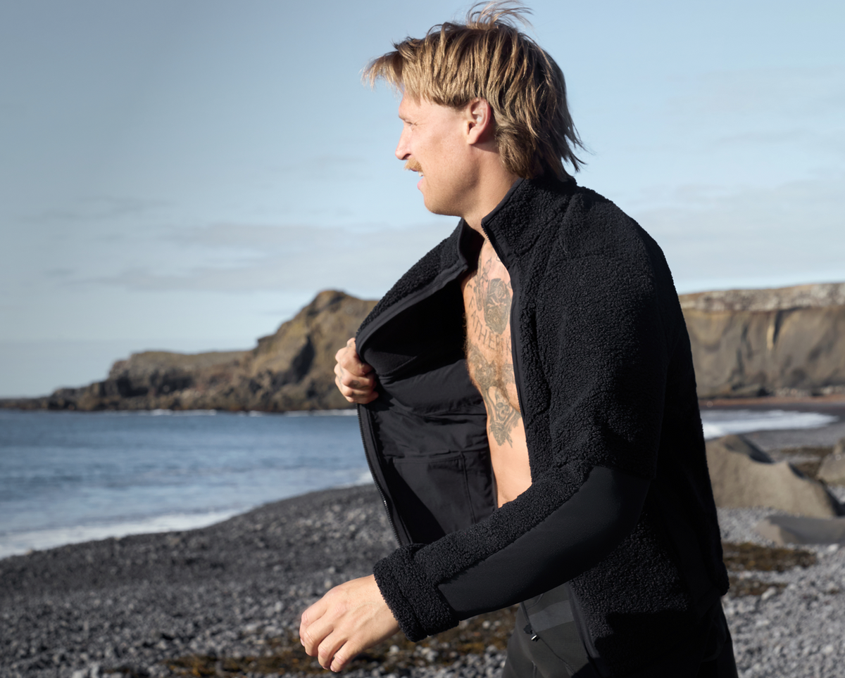 Man wearing Warmknit Sherpa Fleece in True Black