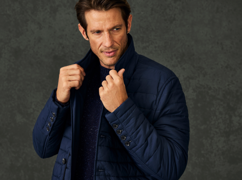Man wearing Warmknit Puffer Blazer in Classic Navy