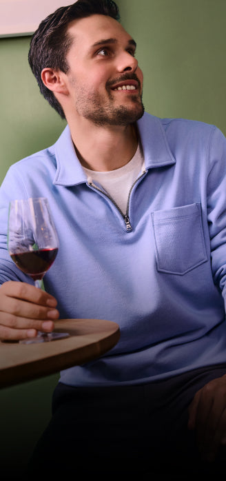 Man wearing Vintage French Terry Quarter-Zip Polo in Eventide