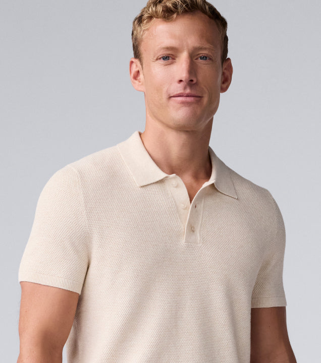 Guy wearing Tech Linen Sweater Polo