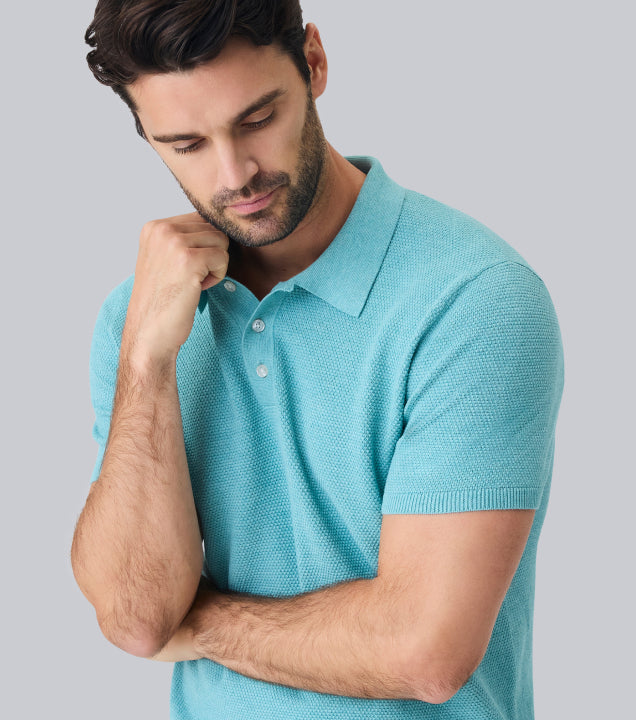 Guy wearing Tech Linen Sweater Polo fabric