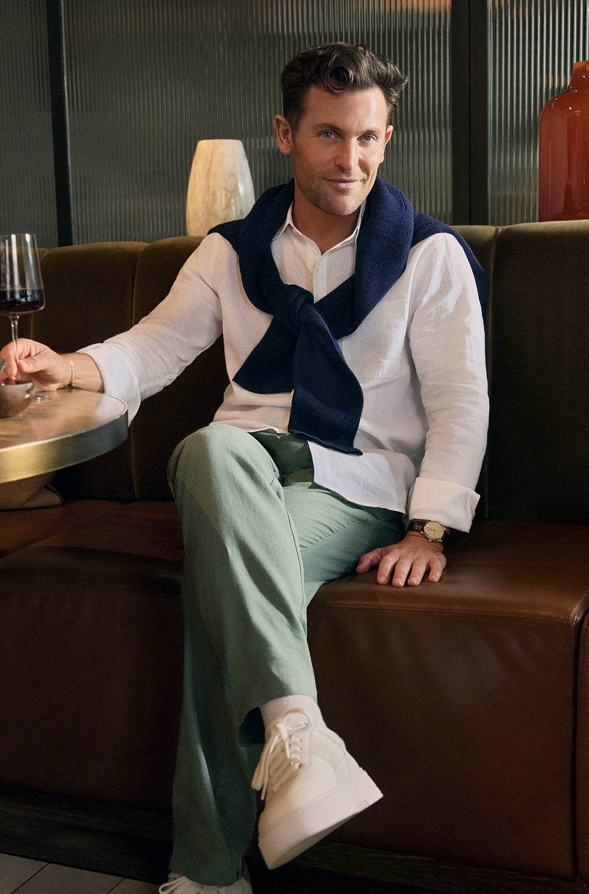 Man wearing Tech Merino Waffle Long Sleeve Crew, Linen Button Up, and Linen Drawstring Pants