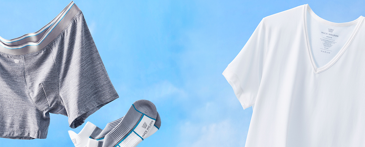 image of AIRKNITx boxer briefs, socks, and v-neck undershirt floating in the sky