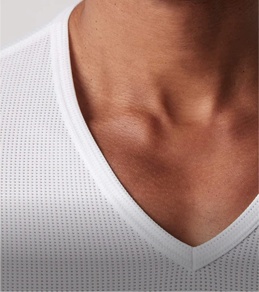 close up of the collar of an AIRKNITx v-neck undershirt
